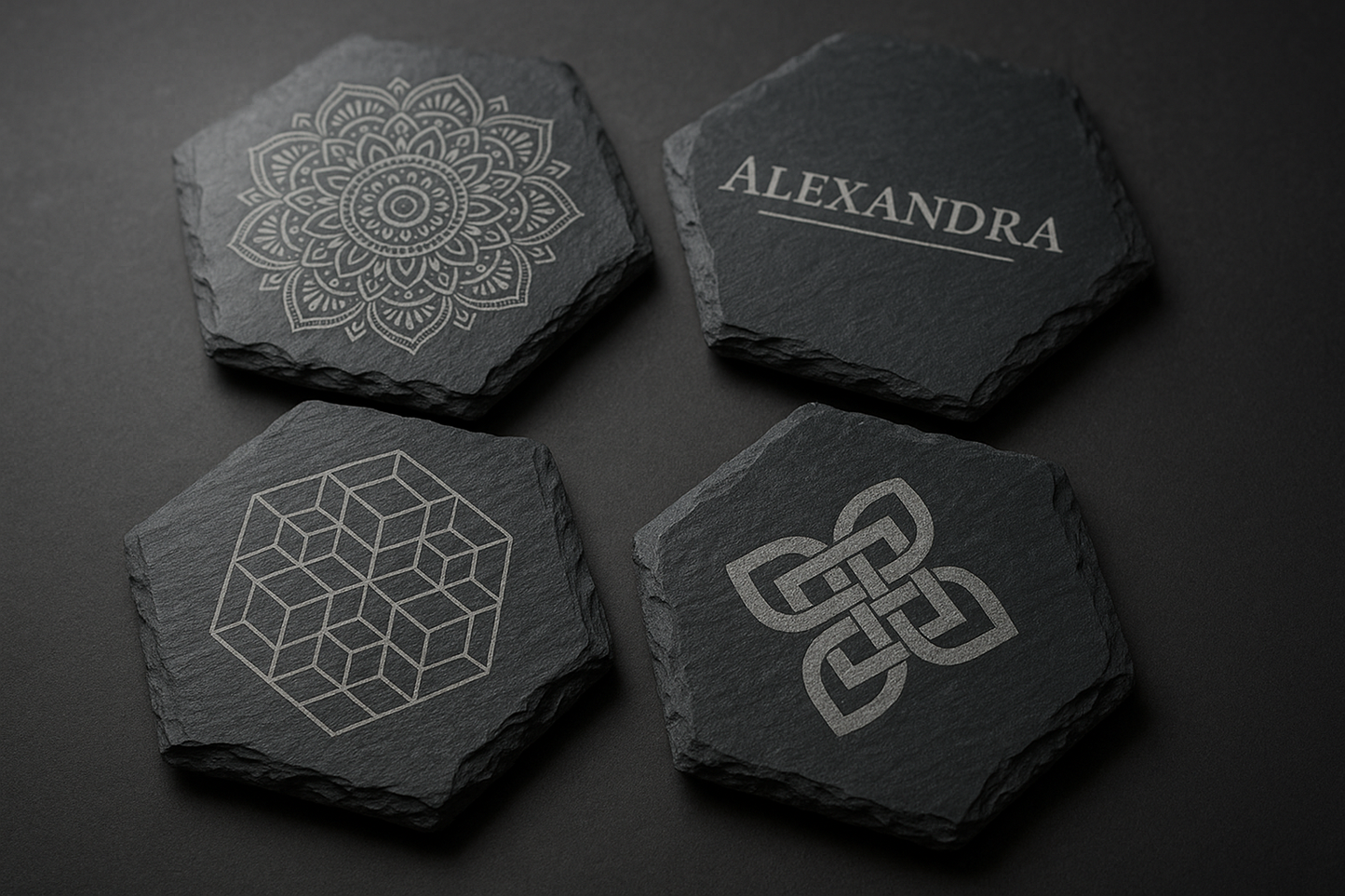 Lasergravierte Untersetzer nach Wunsch auf einer sechseckigen Schieferplatte