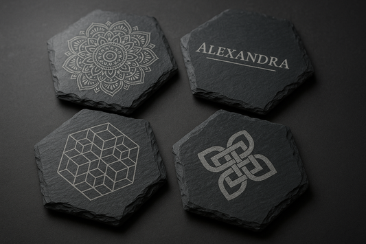 Lasergravierte Untersetzer nach Wunsch auf einer sechseckigen Schieferplatte